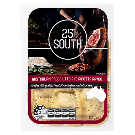 Plastic packaging of 25° South Australian Prosciutto and Ricotta Ravioli 325g, with a window displaying ravioli pasta inside.