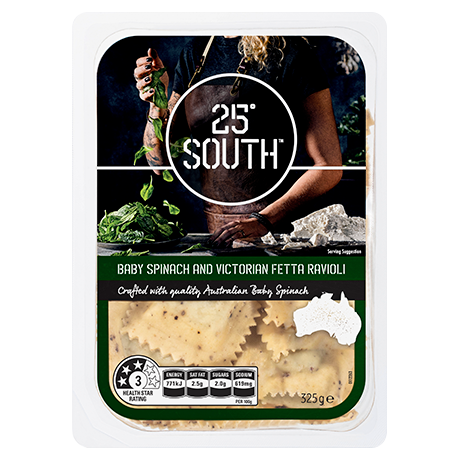 Plastic packaging of 25° South Baby Spinach and Fetta Ravioli Pasta 325g, with a window displaying ravioli pasta inside.