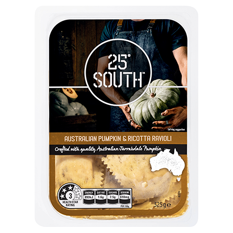 Plastic packaging of 25° South Australian Native Pumpkin Ricotta Ravioli Pasta 325g, with a window displaying ravioli pasta inside.