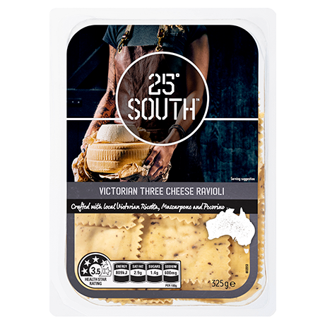 Plastic packaging of 25° South Victorian Three Cheese Ravioli Pasta 325g, with a window displaying ravioli pasta inside.