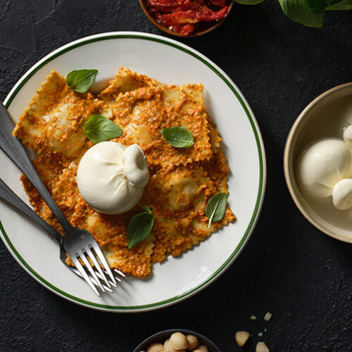 Macadamia Red Pesto Ravioli with Burrata-Recipe