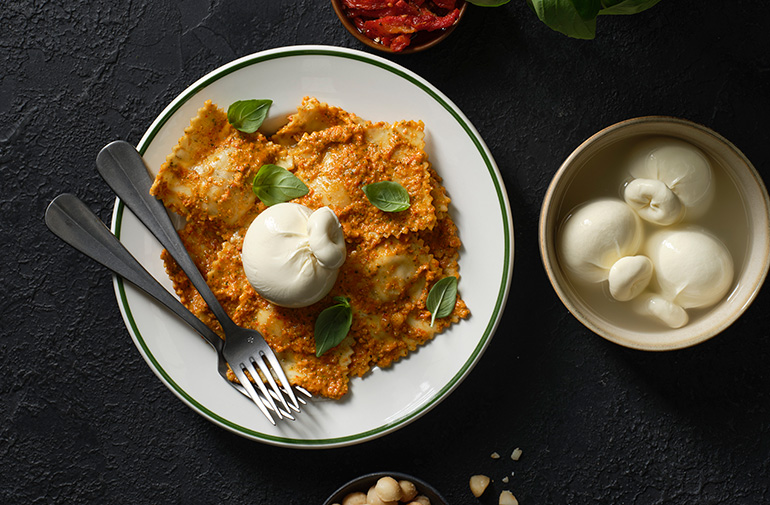 Macadamia Red Pesto Ravioli with Burrata-Recipe