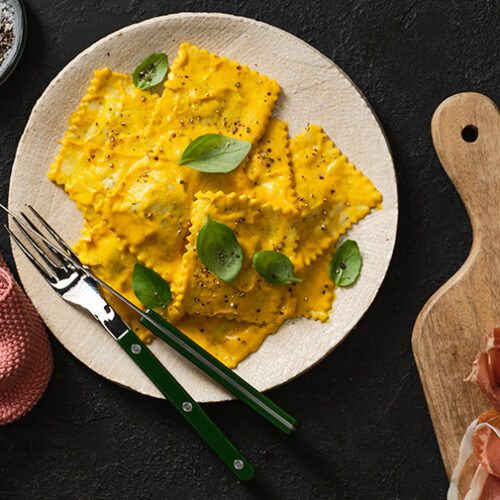 Prosciutto and Ricotta Ravioli with Roasted Pumpkin Sauce Recipe