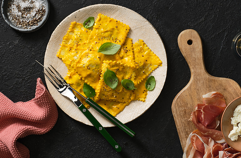 Prosciutto and Ricotta Ravioli with Roasted Pumpkin Sauce Recipe
